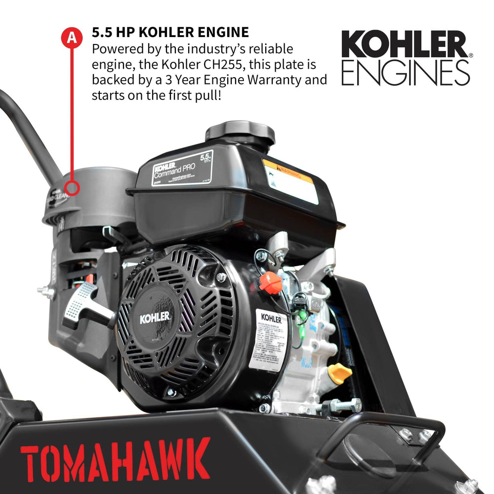Tomahawk Vibratory Plate Compactor Tamper with Kohler Engine for Dirt Gravel Soil Compaction - Machine Horizon