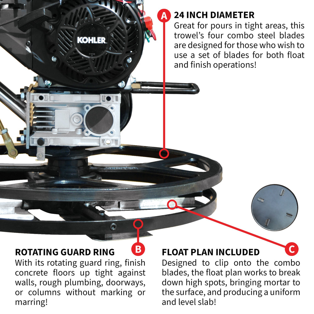 Tomahawk 24" Concrete Power Trowel Edger 6HP Kohler Float Pan Blade Screed Finishing Tool - Machine Horizon
